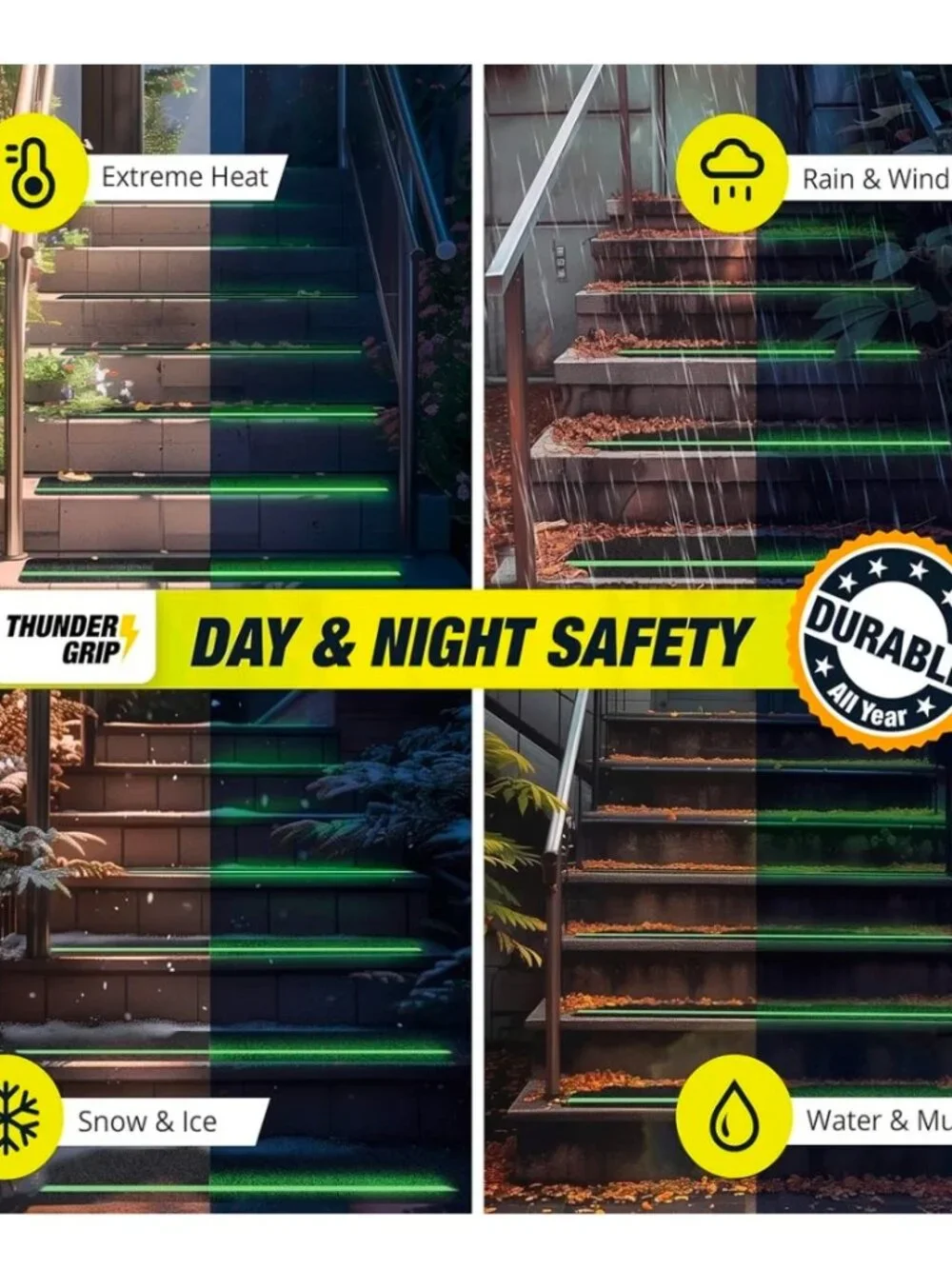 Thunder Grip 8-Pack Outdoor Glow in the Dark Non-Slip Stair Treads – 30